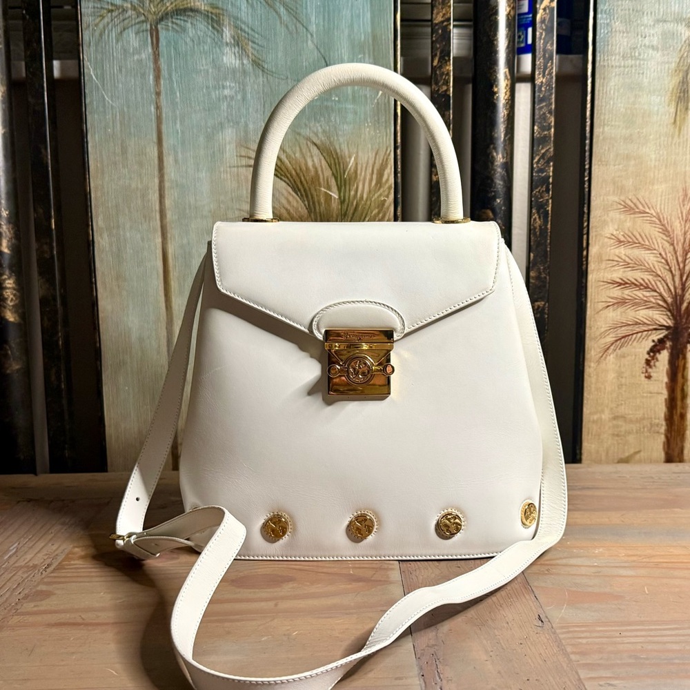 Salvatore Ferragamo White Studded Leather Shoulder Handbag Purse